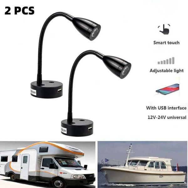 Lampes 2Pcs LED Liseuse 12V 24V Smart Touch Dimmable Flexible Col De Cygne Applique Murale Pour Camping-car Yacht Cabine avec Port De Chargeur USBHKD230701