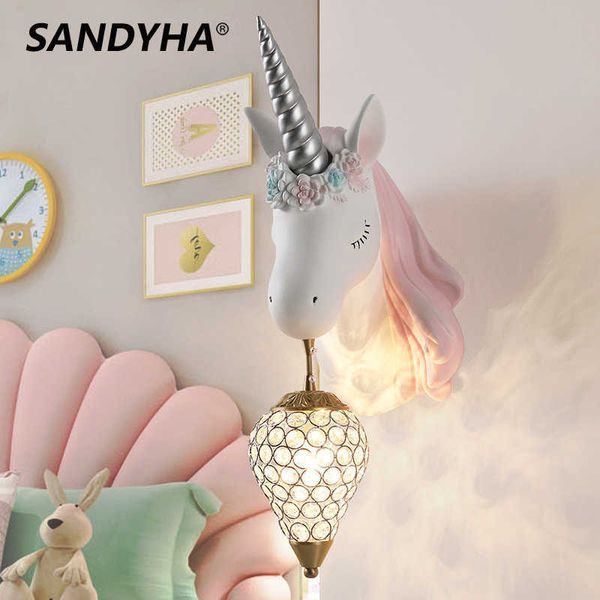 Lampes Nordic Licorne Lampe Cristal Support Applique pour Enfants Maison Éclairage Intérieur Fille Chambre Chevet Salon Résine AppliqueHKD230701