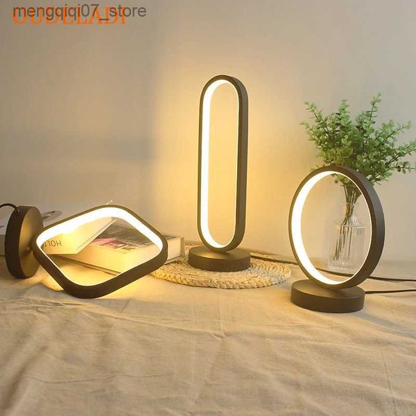 Lámparas Sombras Lámpara de mesa de aluminio Dormitorio Decoración de cabecera Lámpara de escritorio Estilo moderno Lámpara de mesa de anillo negro Lectura LED Luz de noche L240311