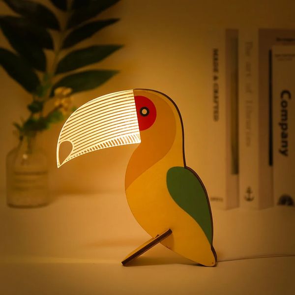 Lâmpadas Shades Animais LED Night Light Wood Acrílico Mesa USB Luzes Decorar para Crianças Bebê Crianças Lâmpada de Cabeceira Sirius Baleia Toucan 231019