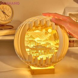 Lampen tinten creatieve 3D LED-papier snijlamp met houtgebaseerde strip sfeer beddengoed decoratie kunstnachtlamp als een cadeau voor vrienden Y2405202EB0