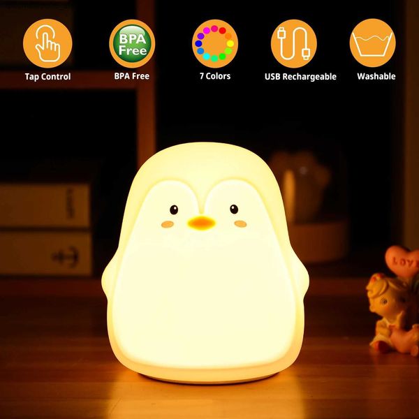 Lámparas de lámparas lindas pingüinos nocturno luz infantil de 7 colores luz LED usb recargable protección ocular de ojo región de luz Q240416