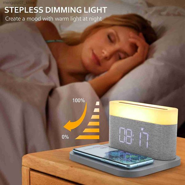 Lampes Shades Charge sans fil rapide 15W Réveil numérique Veilleuse Lampe de lecture tactile Luminosité réglable Snooze Chargeur USB L240311