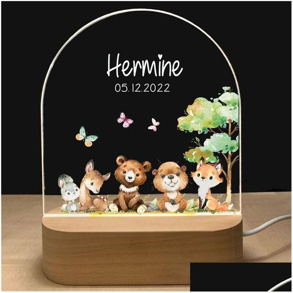 Lámparas Sombras Personalizadas Koala Luz de noche Nombre personalizado Bebé Lámpara de acrílico Base de madera Nacido Niño Regalo Niños Dormitorio Decoración Rainbow Eleph Ot7Hp