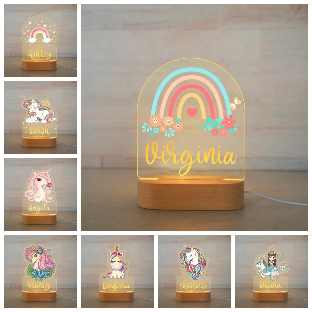 Lamps Shades Personalized Rainbow Unicorn LED USB 7 Colors Night Light Custom Name Acrylic Lamp Wood Base For Baby Kid Children Bedroom Decor 230418