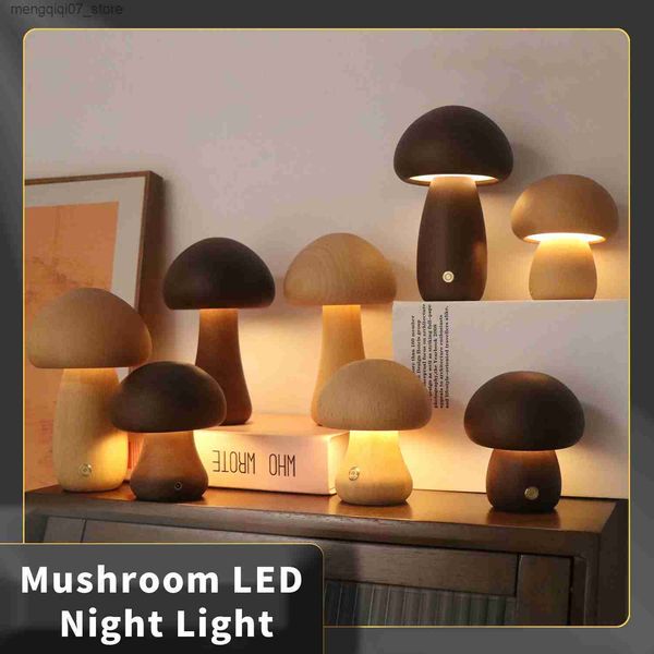 Lampes Abat-jour Champignon en bois LED Veilleuse avec interrupteur tactile Lampe de table de chevet pour chambre à coucher Chambre d'enfant Lampes de nuit L240311