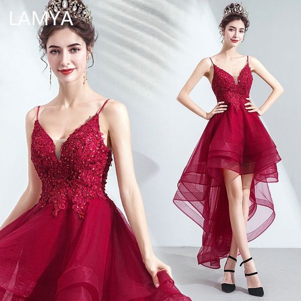 Lamya Lace Appliques High Low Evening Party Robes V Neck Spaghetti Strap Vestido de Festa Front court long arrière de la robe 201113