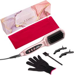 LANDOT Brosse à lisser les cheveux Brosse à lisser chauffante : Brosse à cheveux chaude à ions négatifs or rose pour cheveux lisses et sans frisottis – Brosse en fer plat en céramique