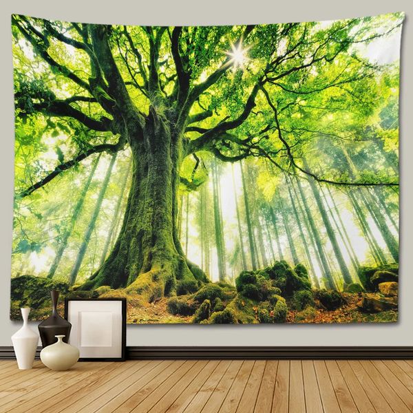 Paysage arbre forêt tapisserie tenture murale salle Hoom décor Hippie Boho grand tissu chambre esthétique tissu couverture 240127