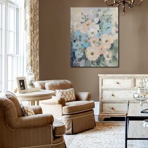 Landschap Canvas Abstracte Kunst Cottage Blauwe Bloemen Handgeschilderde Kunstwerk Romantisch Huis Decor