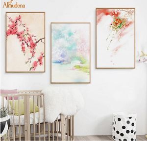 Pinturas en lienzo de paisaje de flores de cerezo, póster abstracto de montaña de estilo chino, imagen artística de pared nórdica, decoración del hogar 7351072