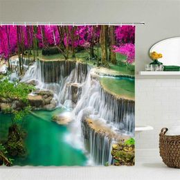 Paysage Forêt Cascade Rideau de douche Tissu imperméable Impression 3D Paysage naturel Rideau de salle de bain 240x180 Rideaux de bain 211116
