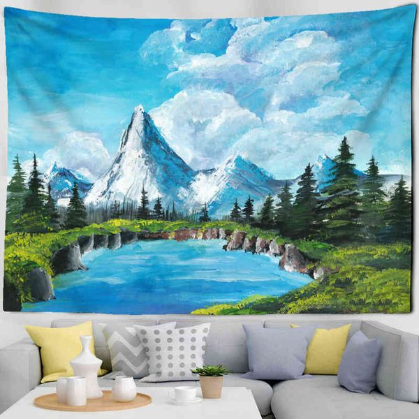 Pintura al óleo del paisaje Tnatural Colgante de pared Amanecer Estilo psicodélico Cielo azul Brujería Hogar Sala de estar Decoración J220804