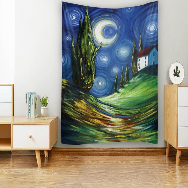 Tapiz de impresión de arte de pintura al óleo de paisaje, dibujos animados, estrella, luna, noche, decoración de la habitación hippie, fantasy tela colgante
