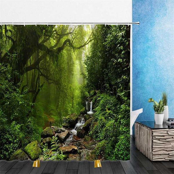 Paisaje Cortinas de ducha Árboles forestales Plantas verdes Cascada Impresión 3D Baño impermeable Decoración para el hogar Bañera Cortina de poliéster 211116