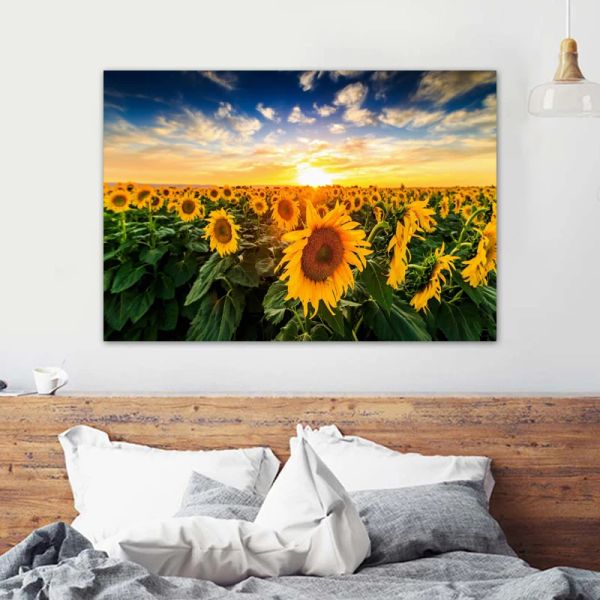 Paisaje de girasol de sol de luz solar pintura naturaleza pósters y estampados de amanecer imágenes de arte de pared sala de estar decoración del hogar sin marco