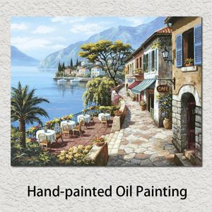 Landschappen Schilderijen Mediterrane Overlook Cafe Handgeschilderde Canvas Art Olieverfschilderij voor Hotel Bar Pub Hall Wall Decor