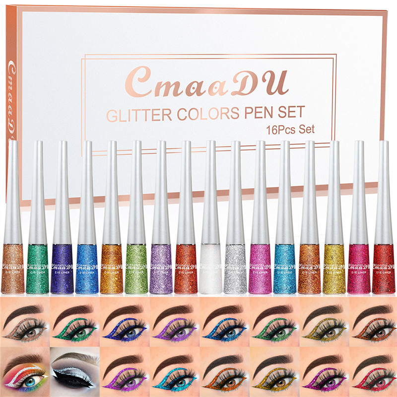 CMAADU 16-farbiger flüssiger Eyeliner, glänzende Pailletten, Glitzerpuder, Eyeliner, schnell trocknendes, langlebiges, nicht verschmierendes Augen- und Schatten-Make-up