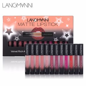 Langmanni 12 brillant à lèvres Matt Lipstik Set Maquillage Ensemble de rouge à lèvres noir Tasse antiadhésive Imperméable Matte Velvet Lipgloss Lasting High Value Lips