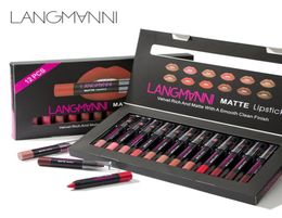 Langmanni 12 pièces à rouge à lèvres Set Velvet Rich et Matte avec une finition propre lisse Crayon Longlasting Cosmetics Beauty Maquiagem Li1670004