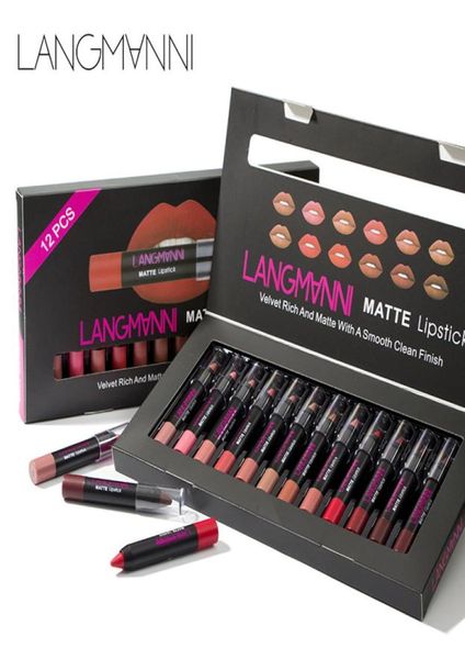 Langmanni ensemble de 12 rouges à lèvres velours riche et mat avec une finition lisse et propre Crayon cosmétique longue durée beauté Maquiagem Li3814517