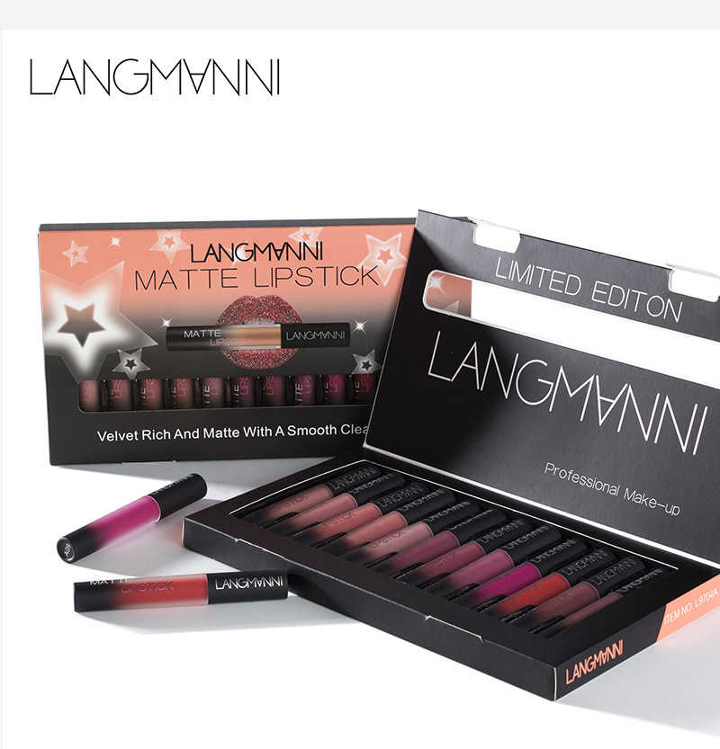 langmanni 12pcs/set matte Lipstick Waterproof batom Long Lasting Lip Gloss Velvet mate liquid lipstick sexy red lips tint makeup