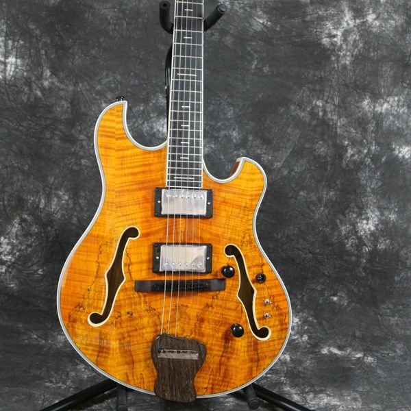 Languedoc G2 Semi Hollow Body Brown Spalted Maple Top Guitarra eléctrica Tallada Ebony Tailpiece Small Block Inlay Doble F Holes Chrome Hardware Schaller Tuners