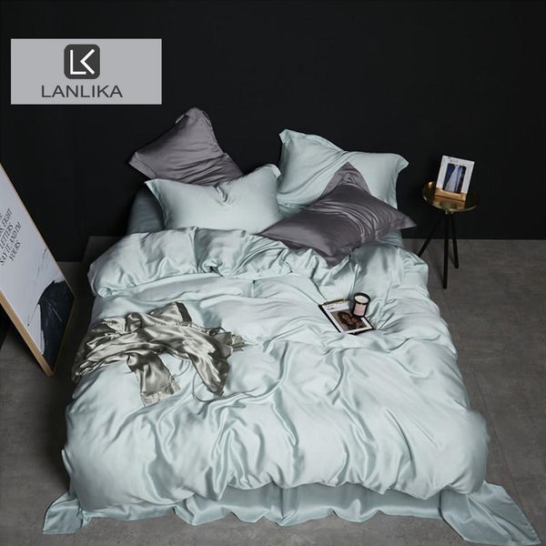 Lanlika Luxe 100% Soie Menthe Vert Literie Ensemble Beauté Peau Reine Roi Housse de couette Drap de lit Drap-housse Taie d'oreiller Ensembles de lit 210309