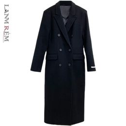 LANMREM Herfst Winter Dames Zwarte Jassen Wol Blend Trench Coat Lange Jas Met Button Bovenkleding Casual Kleding 2D1001 211104