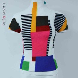 LANMREM – t-shirt plissé à manches courtes et col roulé pour femme, haut élastique, slim, tendance, patchwork, YJ772, été 2022, 220207