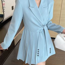 LANMREM Style coréen Blazer cranté ourlet plissé longue longueur couleur unie manteaux de mode avec ceinture automne femme 2R2583 220720