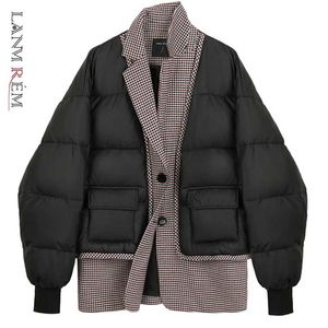 LANMREM hiver col rabattu Plaid Patchwork simple boutonnage tout-match Stree Wear noir coton rembourré veste 2A2947 211007