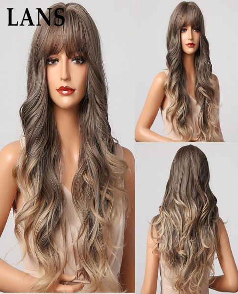 LANS longue couleur châtain Ombre perruques naturel brun ondulé synthétique vague perruque de cheveux pour les femmes haute température fibre en couches Daily5587423