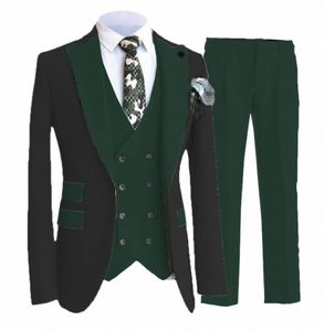 Lansboter Vert Hommes Costume 3 Pièce Slim Fit Revers Noir Manteau Adapté Pour Le Banquet De Mariage Marié Dr Veste Gilet Avec Pantalon D1F2 #