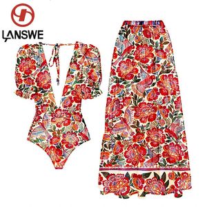 Lanswe2024 Fashion Women Cover Swimsuit Retro Print Deep V Magnifique costume rouge et one-one avec maillot de bain Summer Beach Wear 240409