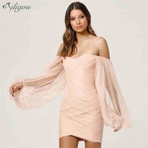 Lantaarn Mouw Mini Jurk Dames Draped Sexy Off Shoulder Party Club Kostuum Mode Franse Romantiek Vestidos 210525