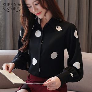 Lanterne Sleeve Polka Dot Mousseline Bouton Femmes Tops et Blouses Blusas Femininas Elegante 5366 50 210417