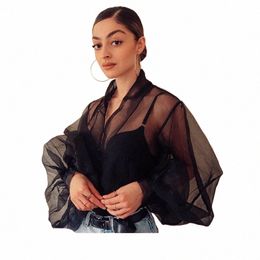 Lantaarn Mouw Bubble Mouw Perspectief Mesh Masker Shirt Dames T-shirt Butt Up Vest Transparante Blouses L1sJ #