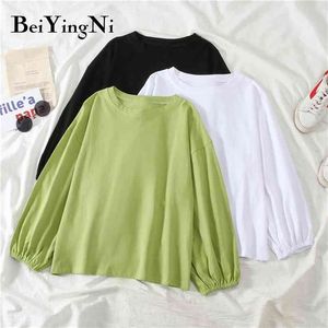 Lantern Sleeve Tshirts Vrouwen Effen Kleur Losse Vintage Plain T-shirt voor Vrouw O-hals Herfst Mode Tops Shirts Mujer 210506