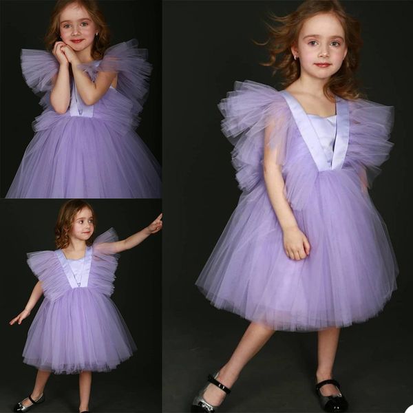 Lanvender fleur fille robes col carré Satin genou longueur jupes filles Pageant robe sur mesure enfant robes d'anniversaire
