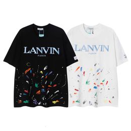 Lanvin T-shirt Langfan Splash Ink Broderie Lâche Col Rond Manches Courtes Polyvalent Hommes et Femmes Couple T-shirt Marque Tendance