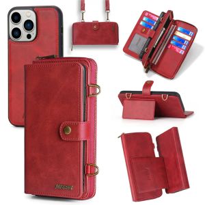 Étui portefeuille en cuir à fermeture éclair détachable de qualité supérieure pour iPhone 15 12 13 11 14 Pro Max X XR XS Max 7 8 Plus sac à main bandoulière lanière multi-cartes porte-fente couverture magnétique