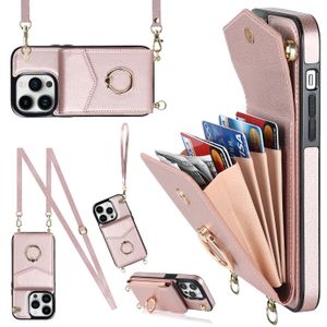 Lanyard PU Leather Organ Wallet Cases Credit Card Slots Ring Stand Holder Multifunction Pack Housse de protection antichoc pour iPhone 14 13 12 11 Pro Max XR XS 8 7 6 Plus