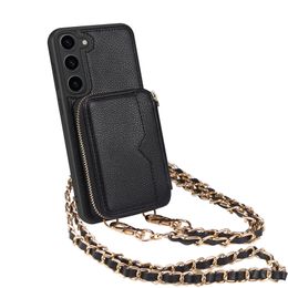 Funda para teléfono Vogue con cremallera y cordón para iPhone 14 13 Pro Max Samsung Galaxy S23 Ultra S22 Plus Crossbody Múltiples ranuras para tarjetas Cartera de cuero sólido Soporte de cadena Shell