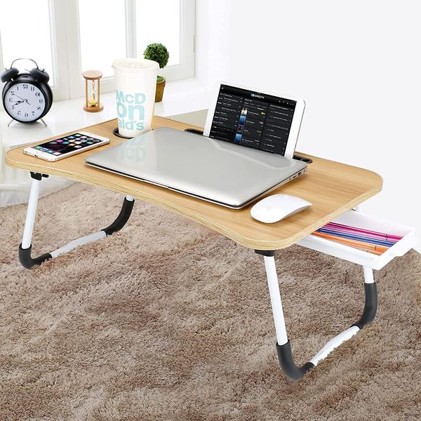 Bureau pour ordinateur portable, plateau de lit pour ordinateur portable, bureau pour ordinateur portable, table de canapé, table de petit-déjeuner avec pieds pliables et tiroir de rangement pour manger, travailler, écrire, regarder un film