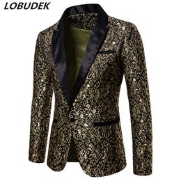 Revers Golden Flower Print Blazers Veste de costume de mariage pour hommes Blanc Noir Manteau formel Bal Chanteur Danseur Hôte Spectacle Costume de scène Robe de mariée