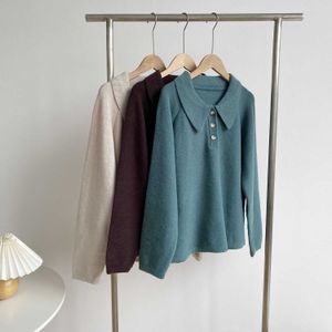 Revers gebreide trui dames herfst winter effen kleur losse fit pullover 210607