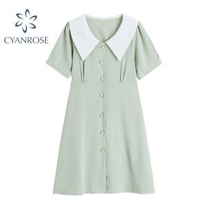 Revers doux chemise robe simple boutonnage taille haute mince à lacets à manches courtes robes d'été femme lâche coréen Vestidos 210417