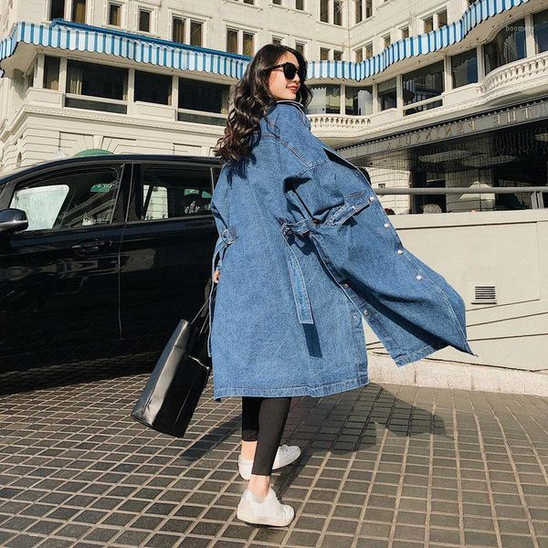 Revers Femmes Lâche Denim Trench-Coat Long Coupe-Vent Vintage À Manches Longues Pardessus Hiver Automne Bandage Manteau mujer abrigos f14851