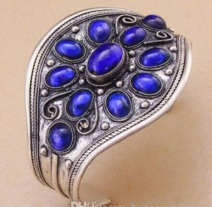 Lapis Lazuli Manchet Armband Tibet Zilver Gesneden Bloem Vrouw Gift Mode